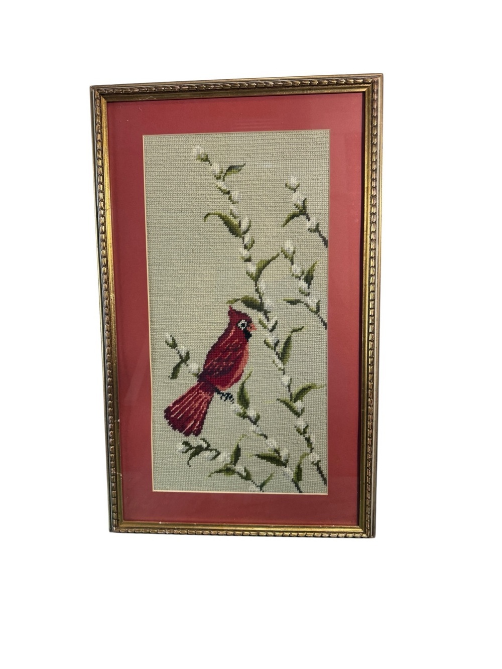 Vintage Red Cardinal Bird Framed Needlepoint Artwork 25" x 15"